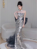 Gorgeous Silver Mermaid Strapless Bow Sequined Train Formal Prom Dress
