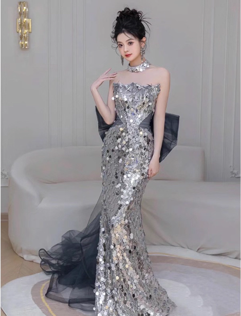 Gorgeous Silver Mermaid Strapless Bow Sequined Train Formal Prom Dress