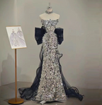 Gorgeous Silver Mermaid Strapless Bow Sequined Train Formal Prom Dress