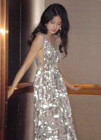 Gorgeous Silver V-Neck Tassel Sequin Long Formal Prom Dress