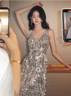 Gorgeous Silver V-Neck Tassel Sequin Long Formal Prom Dress