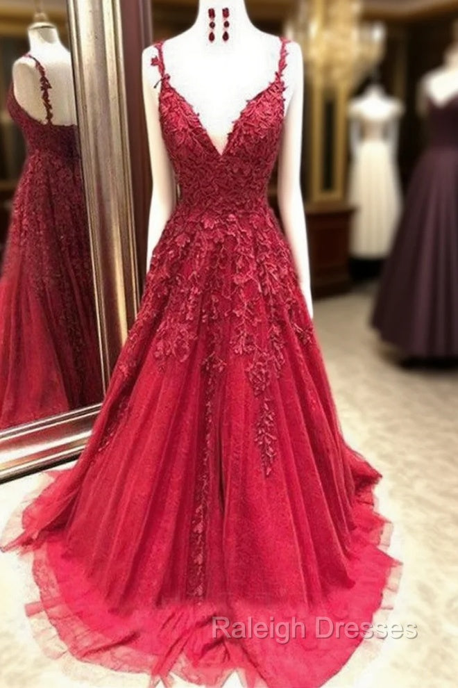 Gorgeous Spaghetti Strap Applique Prom Dresses Red Tulle Sleeveless Evening Dresses