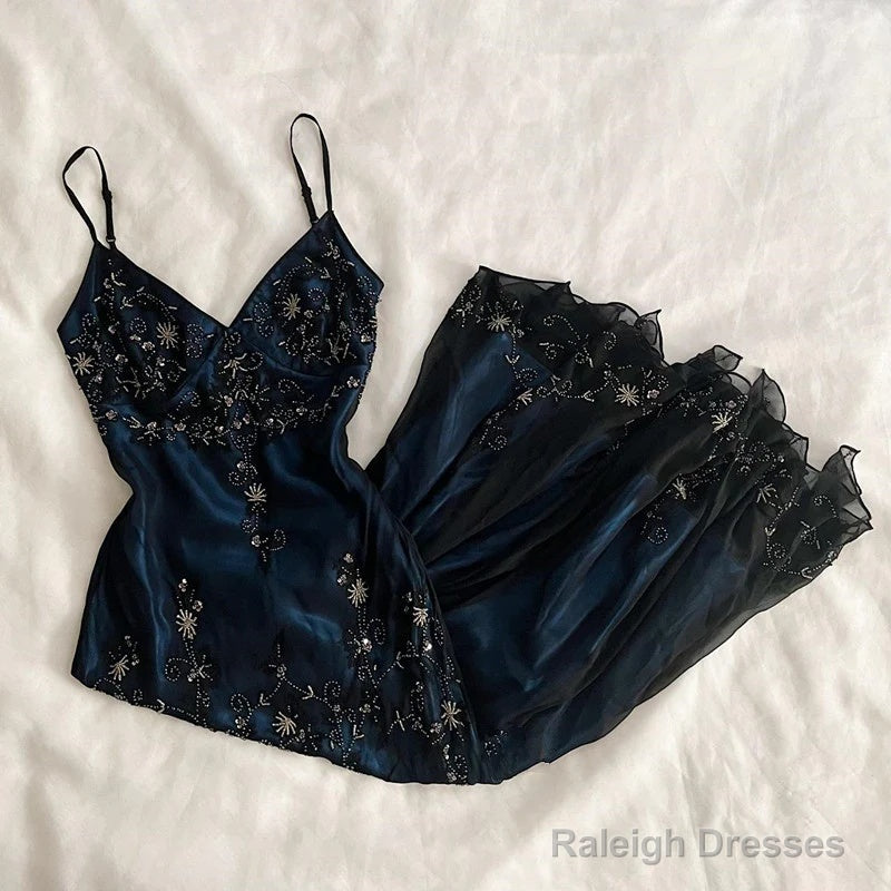 Gorgeous Spaghetti Straps Mermaid Navy Blue Beads Beaded Long Prom Dress Secondary image