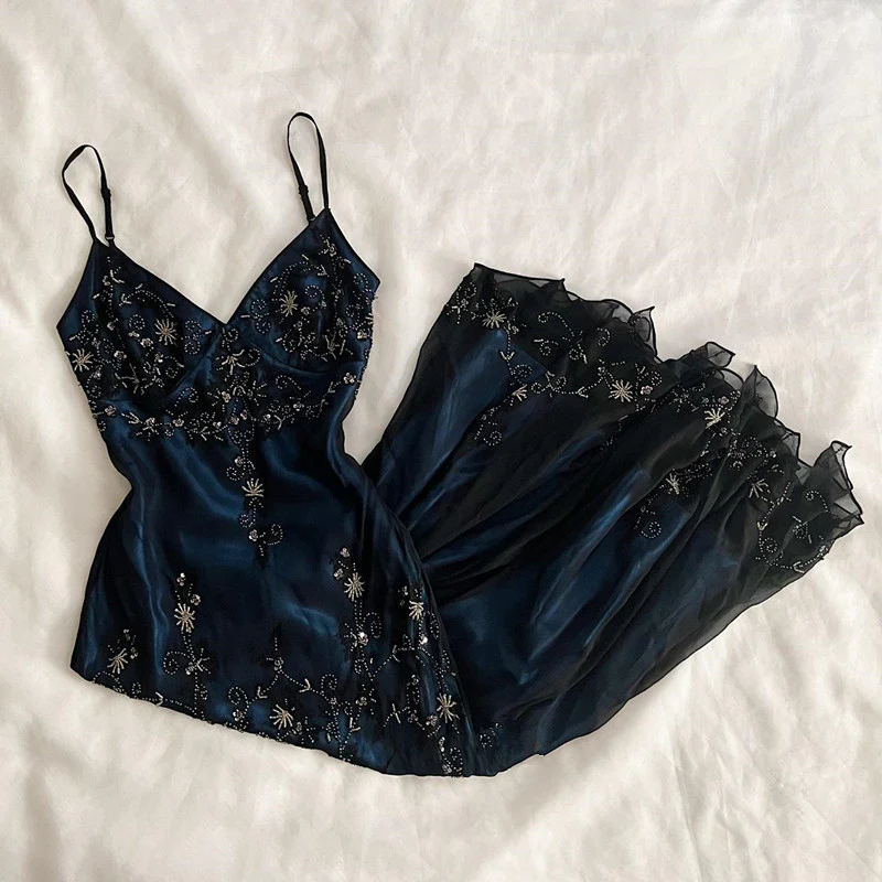 Gorgeous Mermaid Spaghetti Straps Beaded Navy Blue Satin Long Prom Dresses