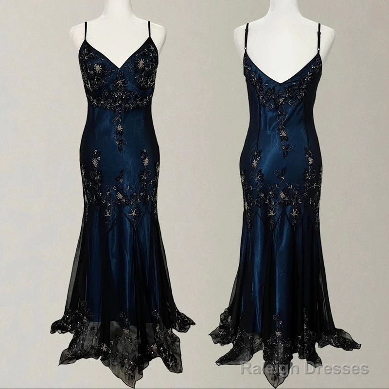 Gorgeous Spaghetti Straps Mermaid Navy Blue Beads Beaded Long Prom Dress