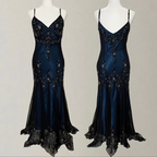 Gorgeous Mermaid Spaghetti Straps Beaded Navy Blue Satin Long Prom Dresses