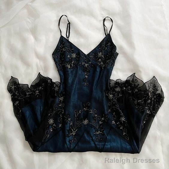 Gorgeous Spaghetti Straps Mermaid Navy Blue Beads Beaded Long Prom Dress Main image