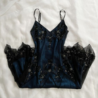 Gorgeous Mermaid Spaghetti Straps Beaded Navy Blue Satin Long Prom Dresses