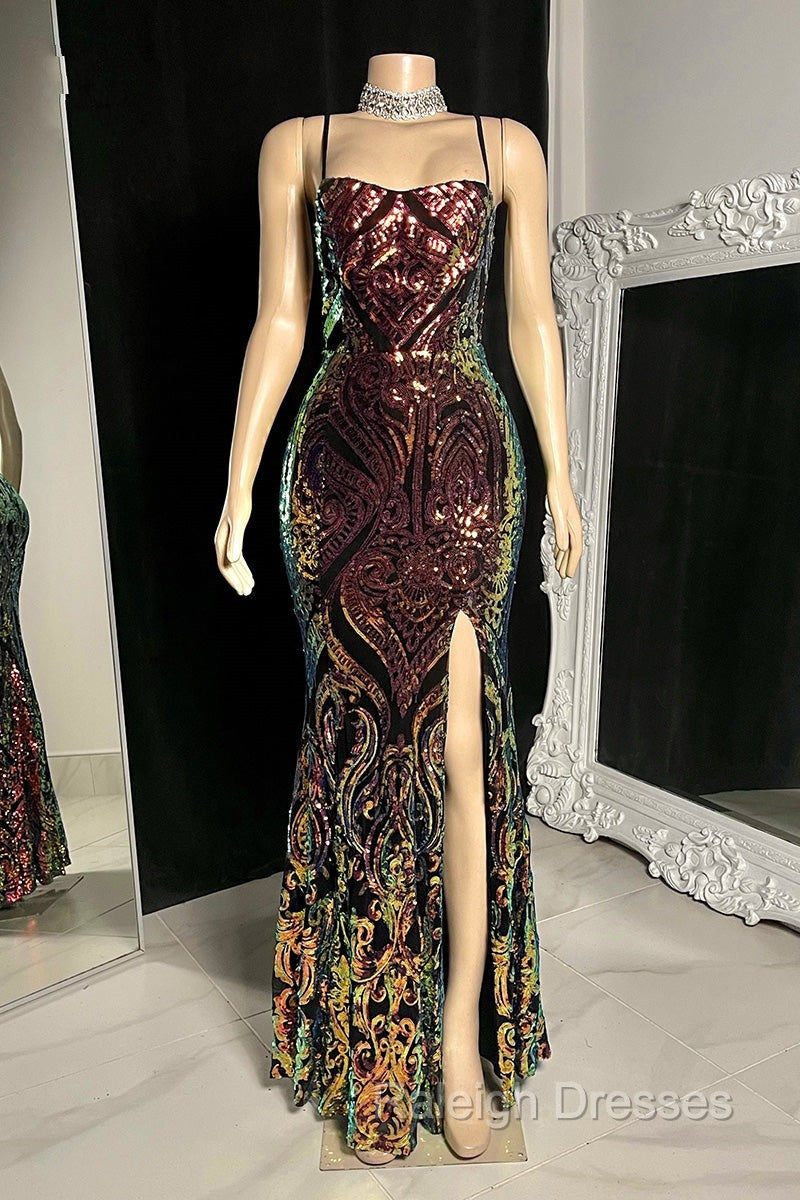 Gorgeous Spaghetti-Straps Mermaid Prom Dress Sequins Sleeveless With Slit Secondary image