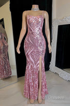 Gorgeous Spaghetti-Straps Mermaid Prom Dresses Sequins Sleeveless With Slit