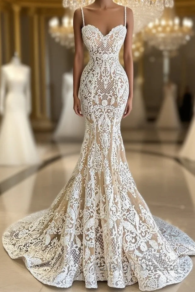 Gorgeous Spaghetti-Straps Mermaid Wedding Dresses Lace Sleeveless Main image