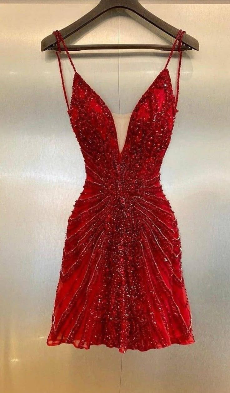 Gorgeous Spaghetti Straps Sequin Beaded Cocktail Dresses Red Mini Birthday Outfits Homecoming Dresses Main image