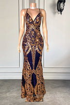 Gorgeous Spaghetti-Straps Sequins Mermaid Prom Dress Long V-Neck