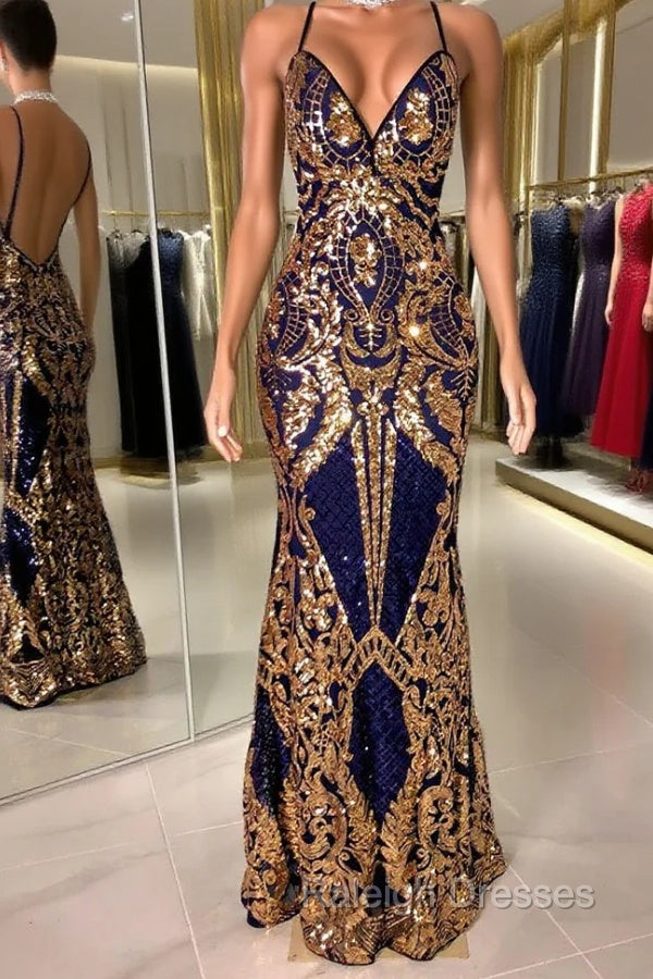 Gorgeous Spaghetti-Straps Sequins Mermaid Prom Dress Long V-Neck
