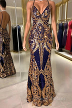 Gorgeous Spaghetti-Straps Sequins Mermaid Prom Dress Long V Neck