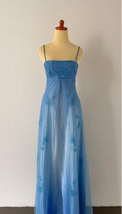 Gothic Vintage Prom Dresses Under $170??Gorgeous Spaghetti Straps Beading Applique Gradient Blue Sleeveless Long Prom Dresses Main image