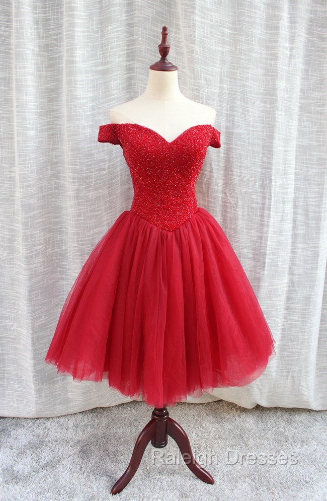 Gorgeous Sparkle Beaded Off Shoulder Red Formal Dress, Red Homecoming Dresses Secondary image