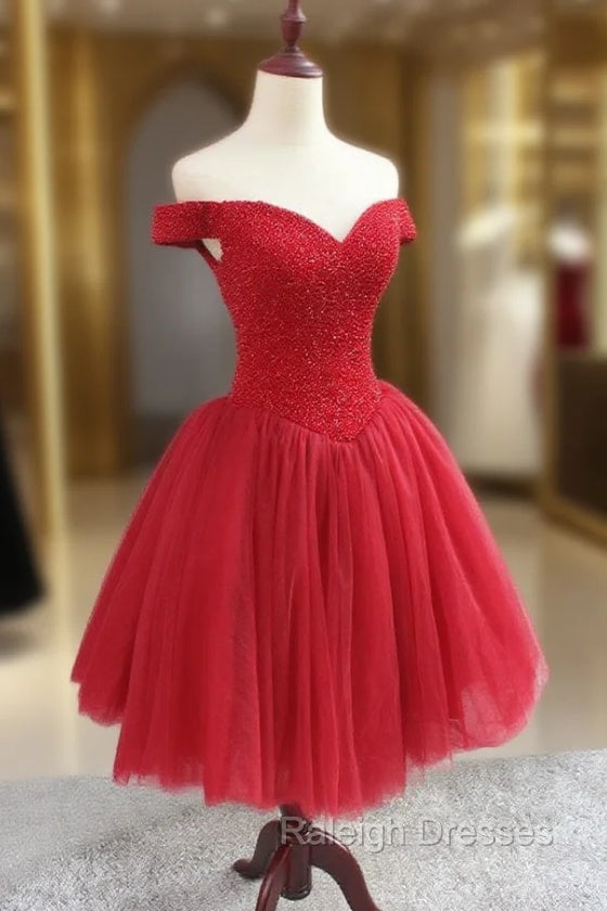 Gorgeous Sparkle Beaded Off Shoulder Red Formal Dress, Red Homecoming Dresses