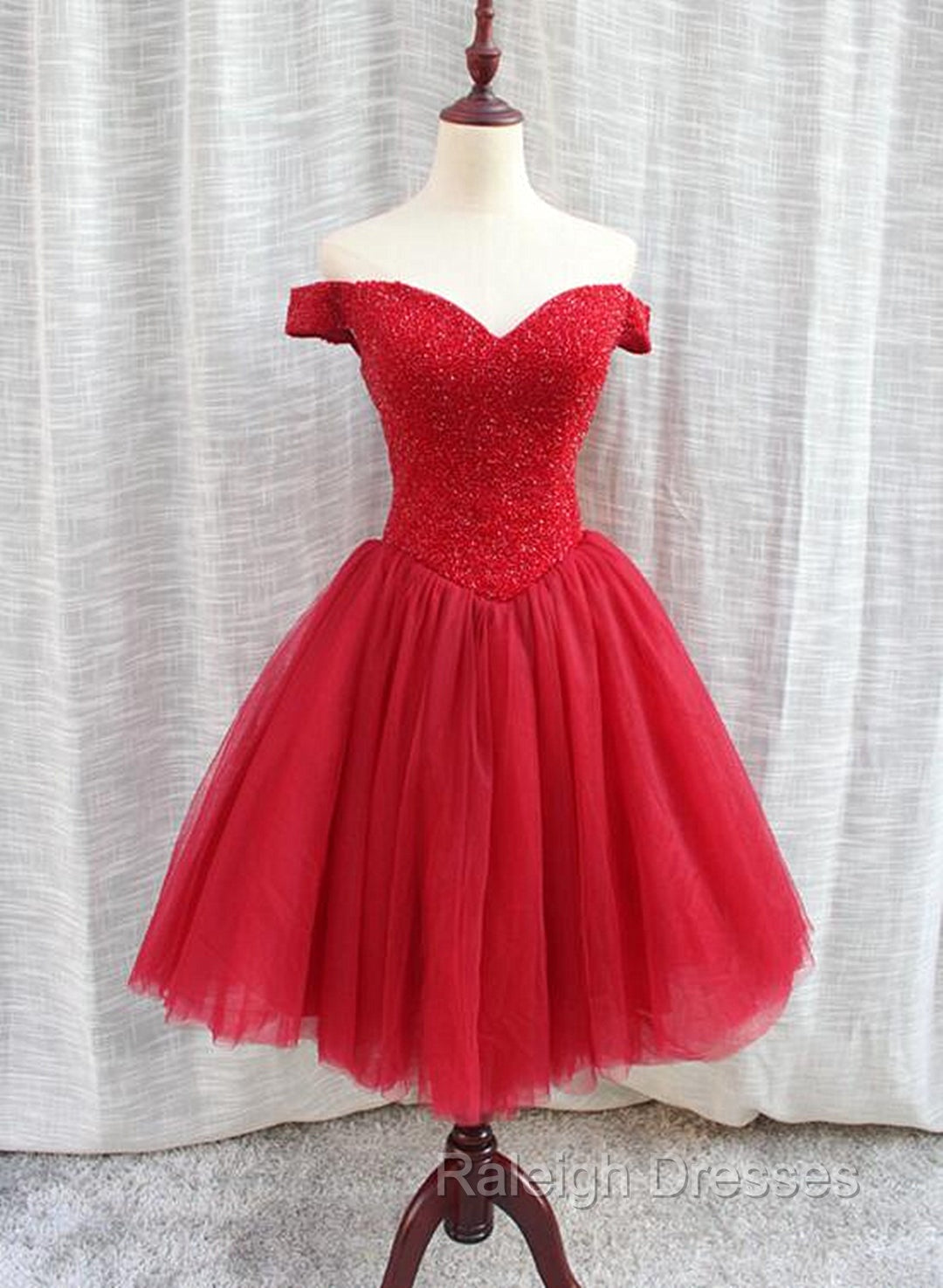 Gorgeous Sparkle Beaded Off Shoulder Red Formal Dress, Red Homecoming Dresses Main image