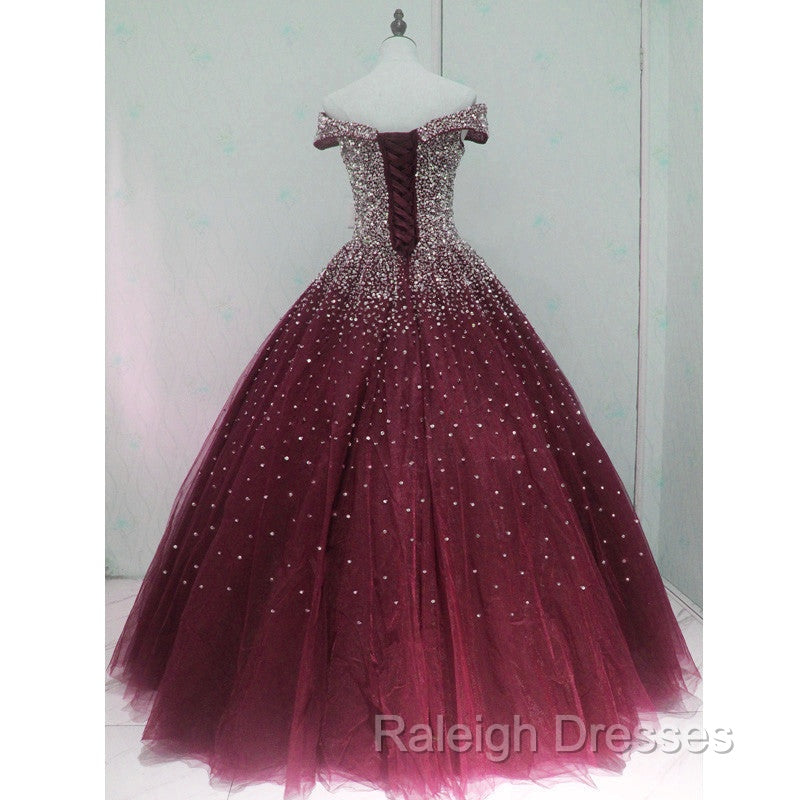 Gorgeous Sparkle Burgundy Off Shoulder Sweet 16 Gown Burgundy Prom Dresses