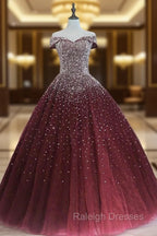 Gorgeous Sparkle Burgundy Off Shoulder Sweet 16 Gown, Burgundy Prom Dress