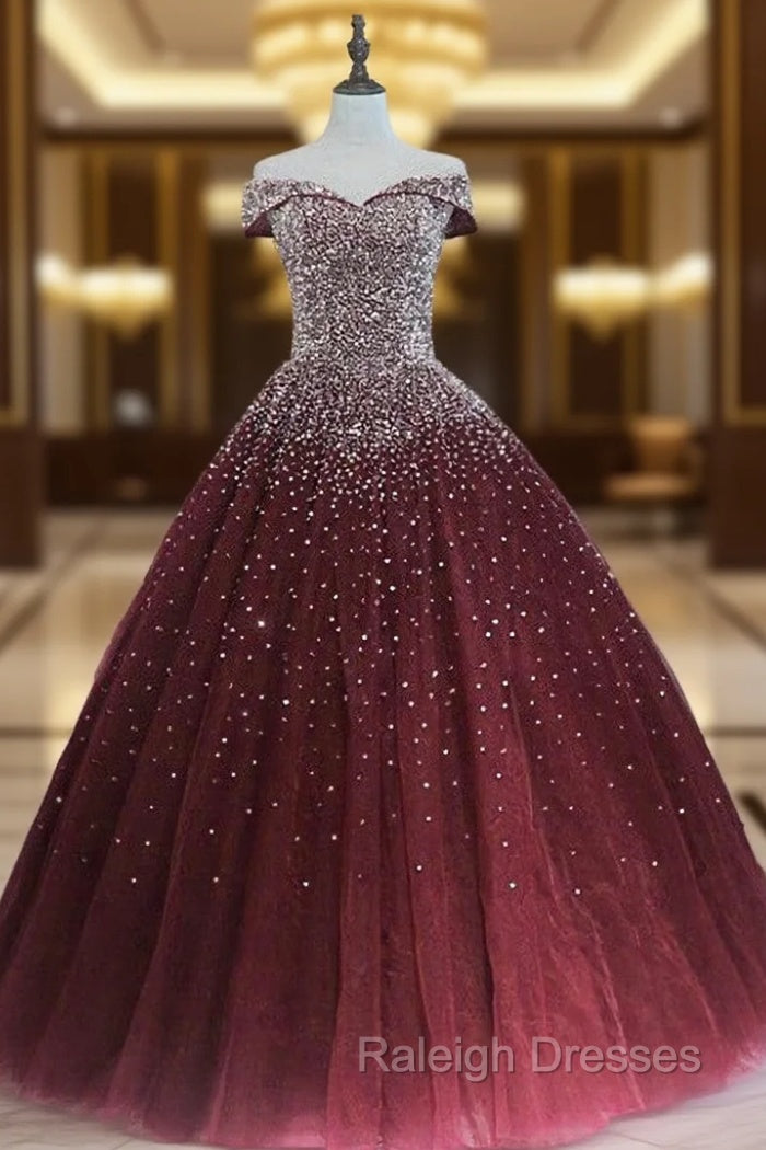 Gorgeous Sparkle Burgundy Off Shoulder Sweet 16 Gown, Burgundy Prom Dress
