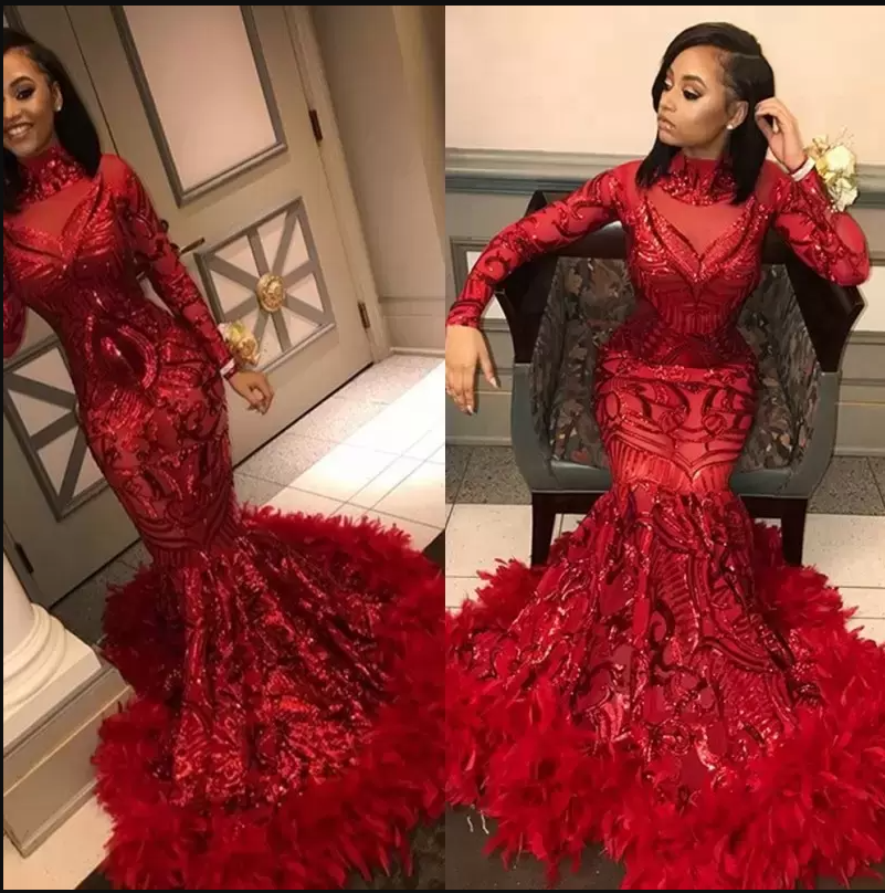 Gorgeous Sparkly Red Mermaid Evening Dresses Sequined With Feathers Long Sleeve African Black Girl Prom Dresses Formal Party Gown Main image