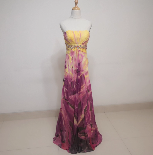 Gorgeous Strapless A-Line Printed Chiffon Long Formal Prom Dress