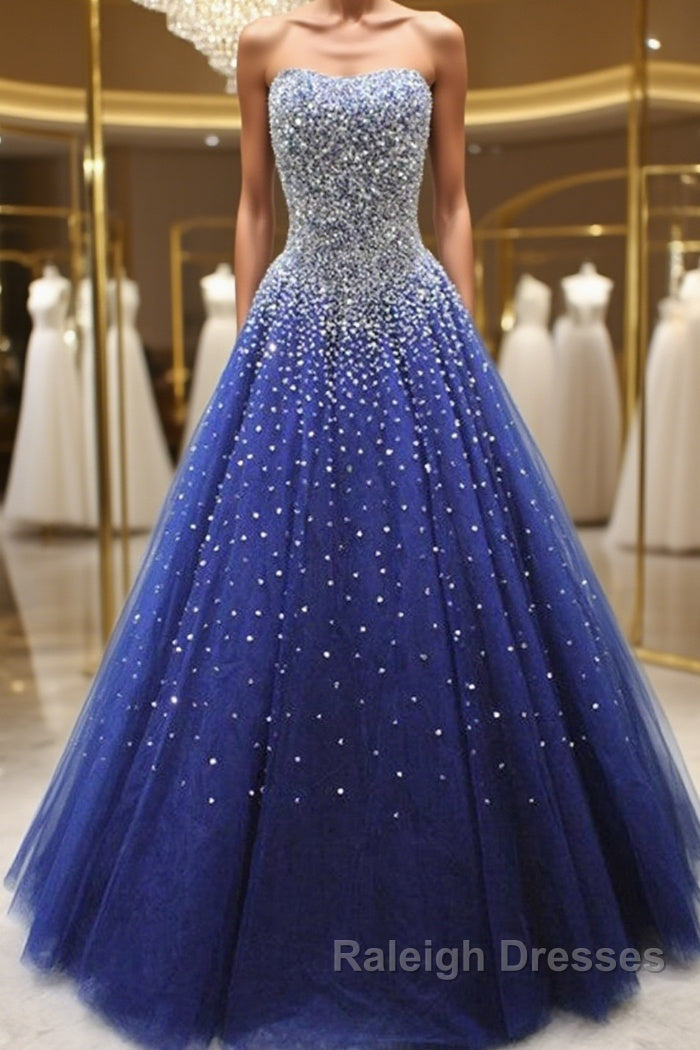 Gorgeous Strapless Blue Tulle Beaded Long Prom Dresses, Beaded Blue Formal Evening Dresses, Beaded Ball Gown