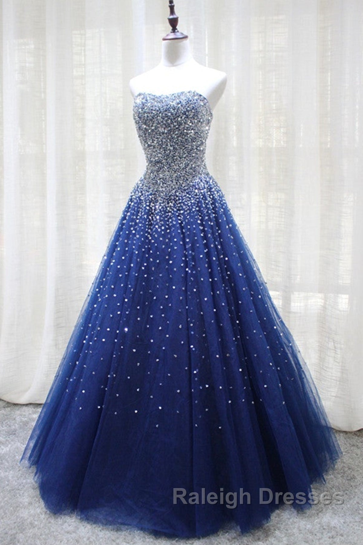 Gorgeous Strapless Blue Tulle Beaded Long Prom Dresses, Beaded Blue Formal Evening Dresses, Beaded Ball Gown Secondary image