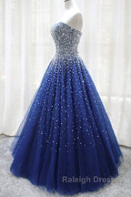 Gorgeous Strapless Blue Tulle Beaded Long Prom Dresses, Beaded Blue Formal Evening Dresses, Beaded Ball Gown