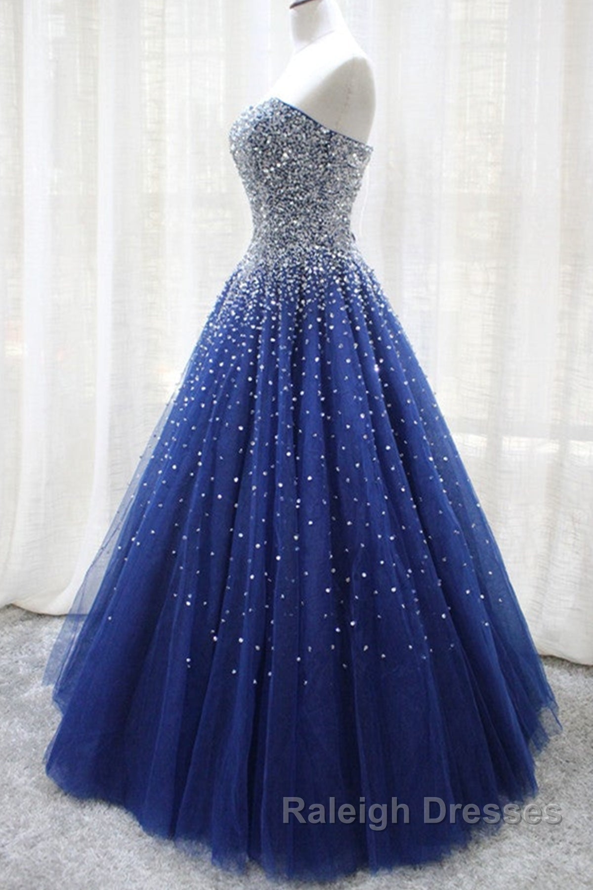 Gorgeous Strapless Blue Tulle Beaded Long Prom Dresses, Beaded Blue Formal Evening Dresses, Beaded Ball Gown