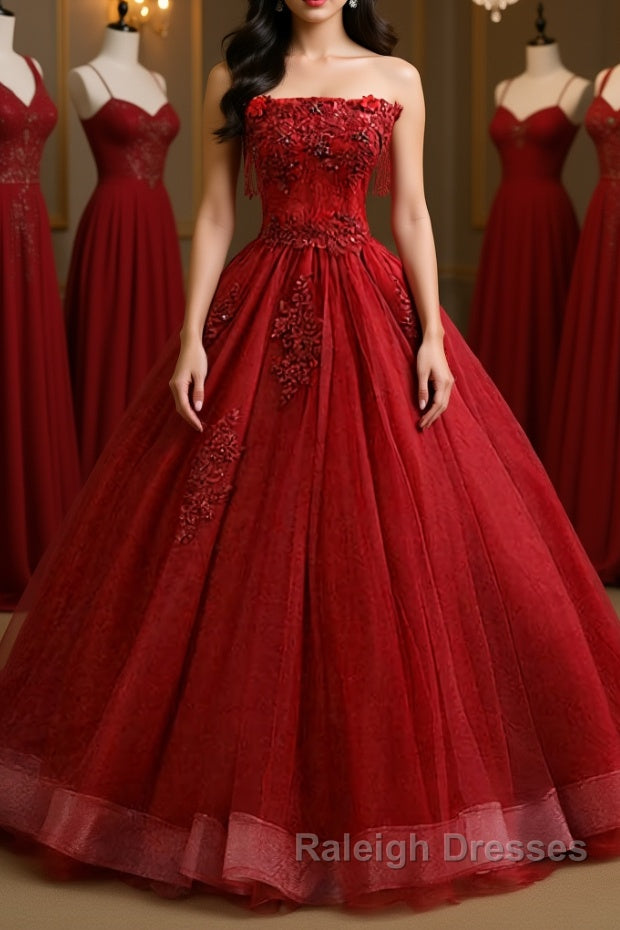 Gorgeous Strapless Burgundy Lace Beaded Long Prom Dress, Lace Burgundy Formal Evening Dress, Burgundy Lace Ball Gown