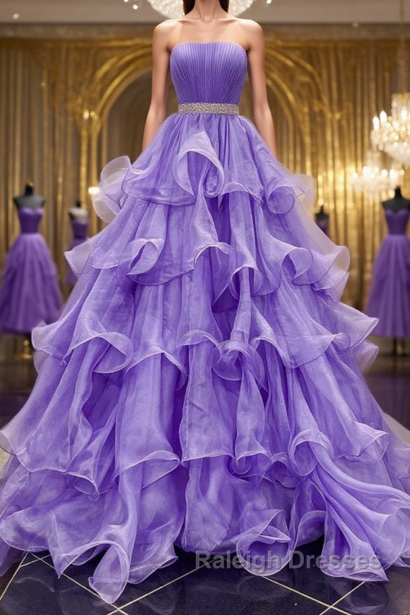 Gorgeous Strapless Layered Purple Tulle Long Prom Dresses with Belt, Purple Formal Evening Dresses, Purple Ball Gown Main image