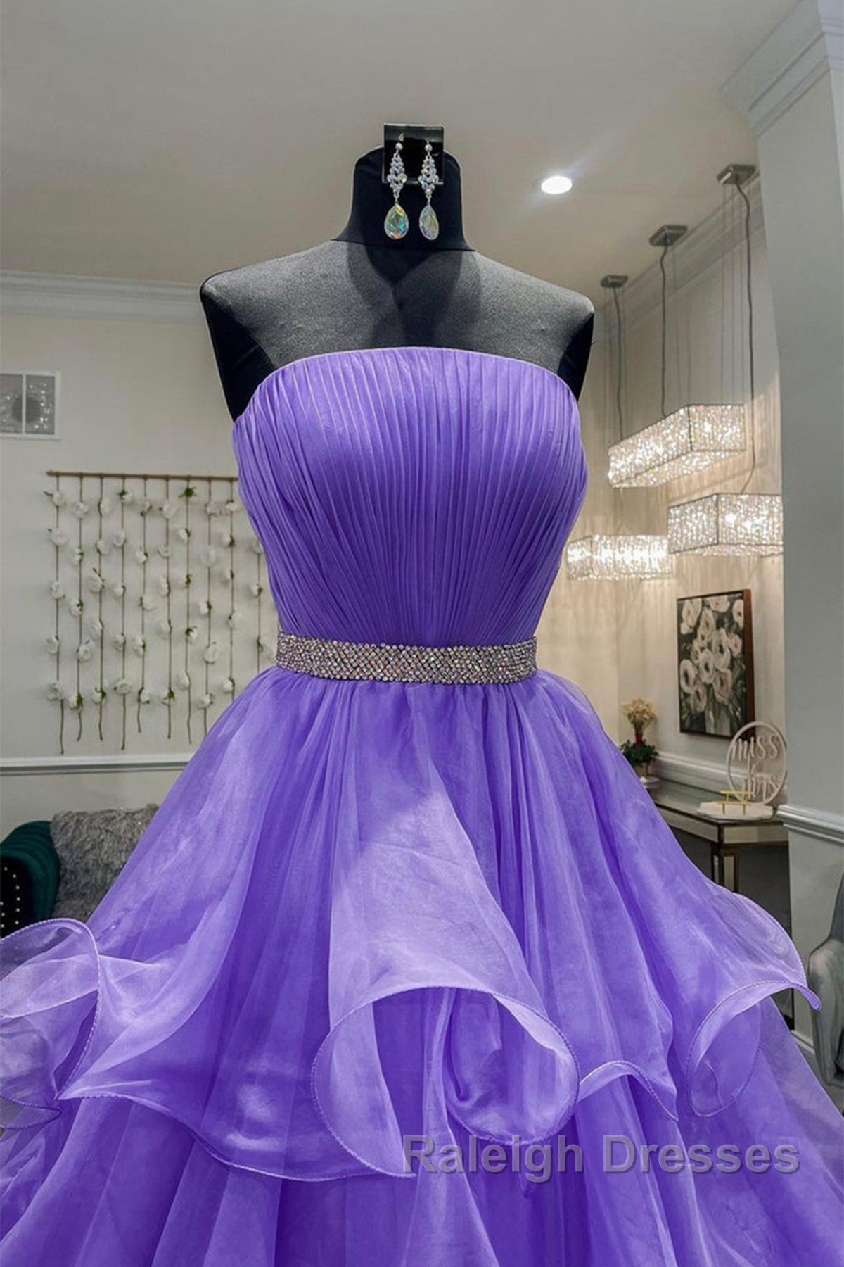 Gorgeous Strapless Layered Purple Tulle Prom Dress Long with Belt Purple Prom Dress Purple Ball Gown