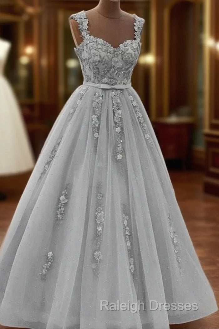 Gorgeous Sweetheart Neck Beaded Gray Floral Lace Prom Dress, Grey Floral Lace Formal Dress, Gray Evening Dress Main image