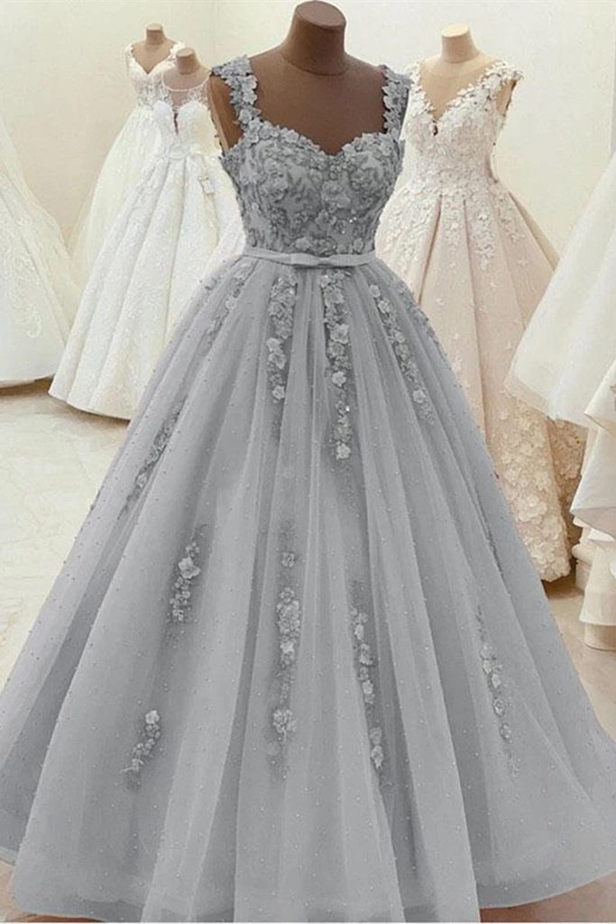 Gorgeous Sweetheart Neck Beaded Gray Floral Lace Prom Dress, Grey Floral Lace Formal Dress, Gray Evening Dress Main image