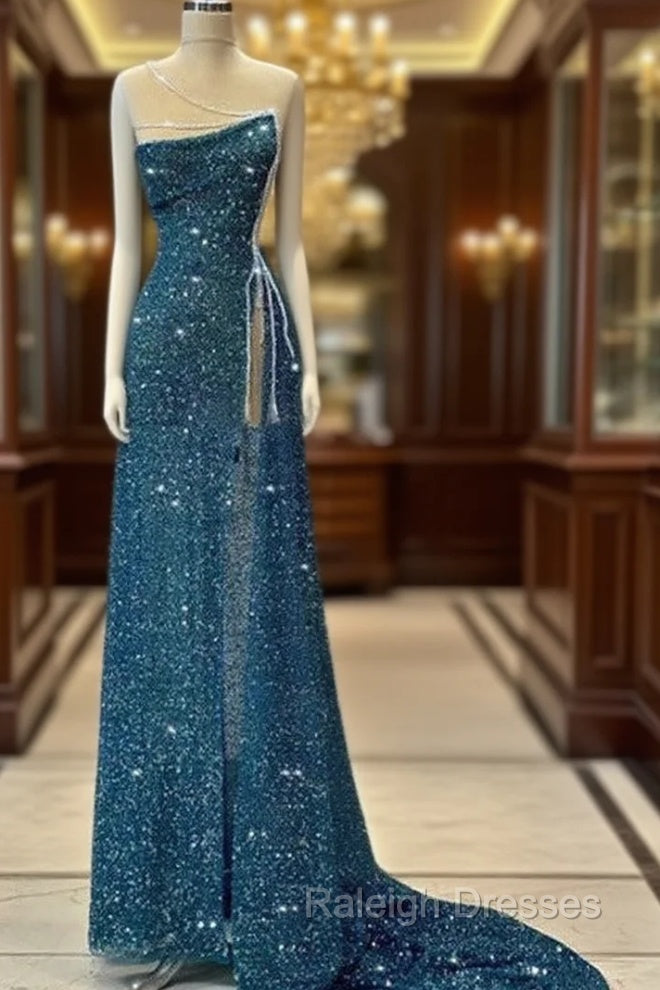 Gorgeous Teal Sheath High Slit Maxi Long Prom Dresses,Evening Dresses Main image
