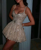 Gorgeous Tulle Beaded A-Line Cocktail Dresses Champagne Short Homecoming Dresses