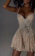Gorgeous Tulle Beaded A-Line Cocktail Dresses Champagne Short Homecoming Dresses