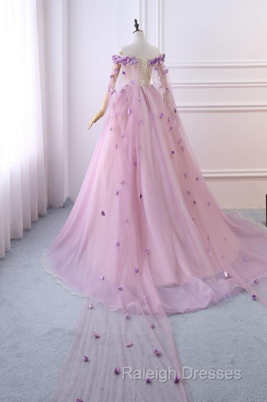 Gorgeous Tulle Off Shoulder Flowers Lace-Up Long Formal Dress, Pink Prom Dress