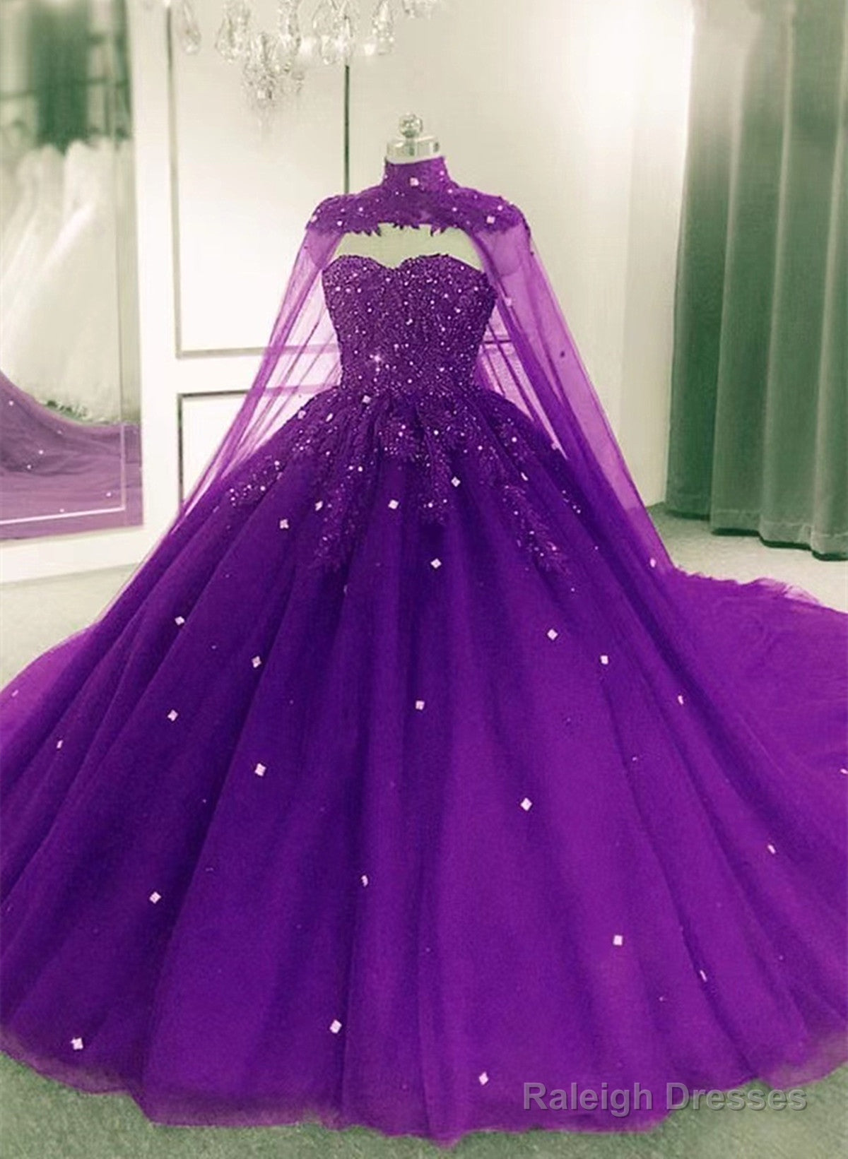 Gorgeous Tulle Purple Ball Gown Sweet 16 Dress With Cape, Purple Long Formal Dress Main image