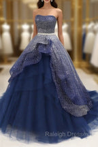 Gorgeous Tulle Strapless Beaded Long Layered Prom Dress, Blue Formal Dress Prom Dress