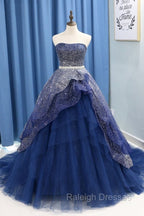 Gorgeous Tulle Strapless Beaded Long Layered Prom Dress, Blue Formal Dress Prom Dress