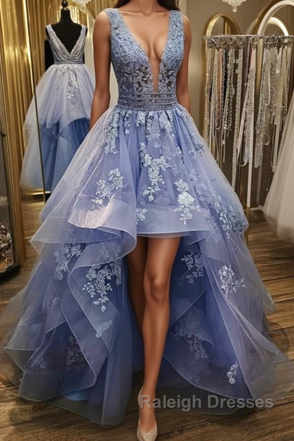 Gorgeous V Neck and V Back Blue Tulle Lace Long Prom Dresses, Puffy Blue Lace Formal Evening Dresses