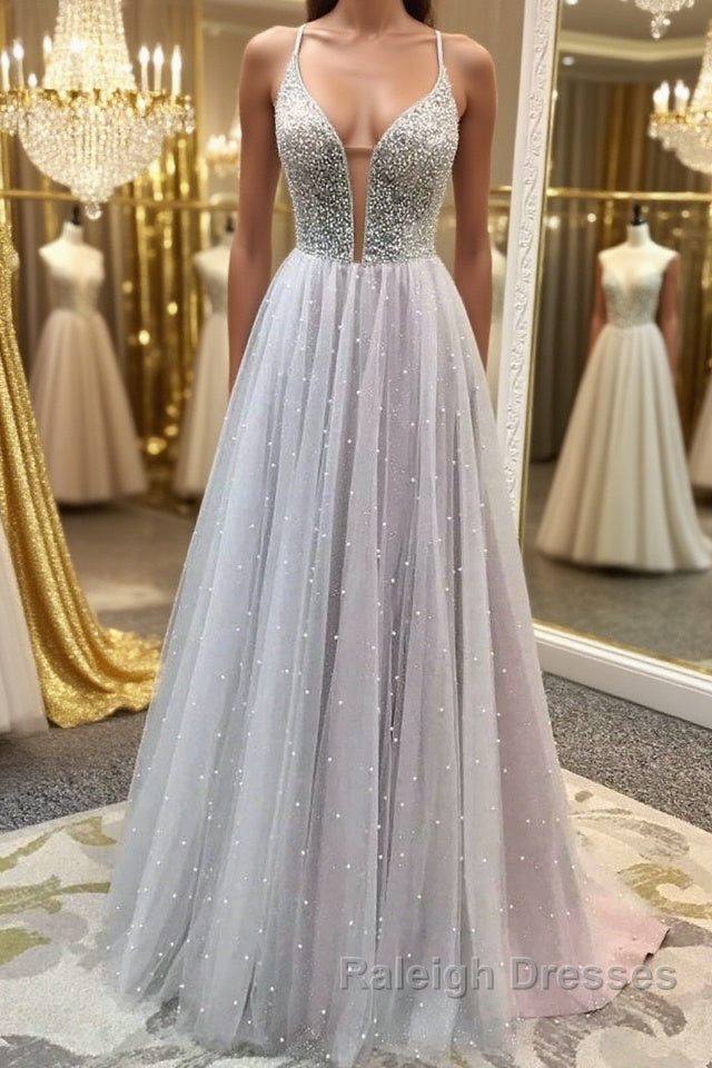 Gorgeous V Neck Backless Beaded Gray Tulle Long Prom Dresses, Backless Grey Formal Graduation Evening Dresses