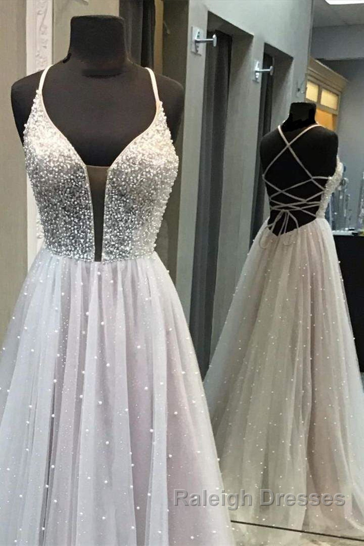 Gorgeous V Neck Backless Beaded Gray Tulle Long Prom Dresses, Backless Grey Formal Graduation Evening Dresses Secondary image