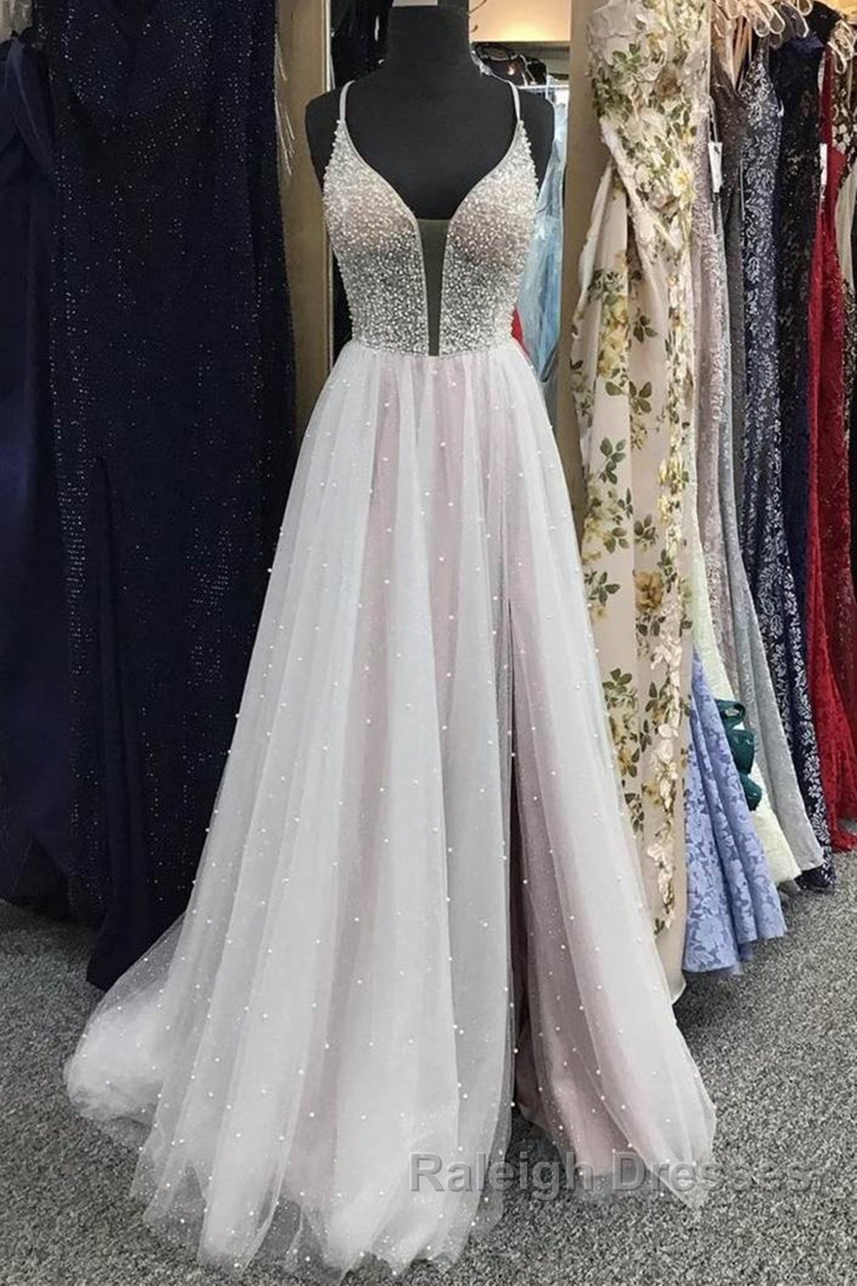 Gorgeous V Neck Backless Beaded Gray Tulle Long Prom Dress Backless Grey Prom Graduation Prom Dress
