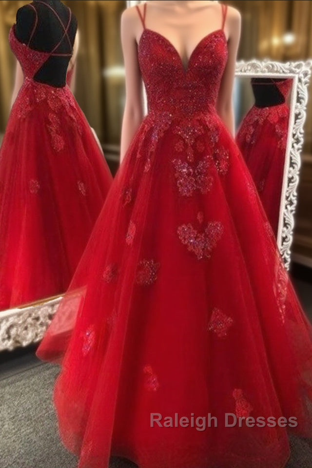Gorgeous V Neck Backless Red Lace Appliques Prom Dresses