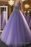 Gorgeous V Neck Beaded Purple Tulle Long Prom Dress, V Neck Purple Formal Evening Dress, Purple Ball Gown